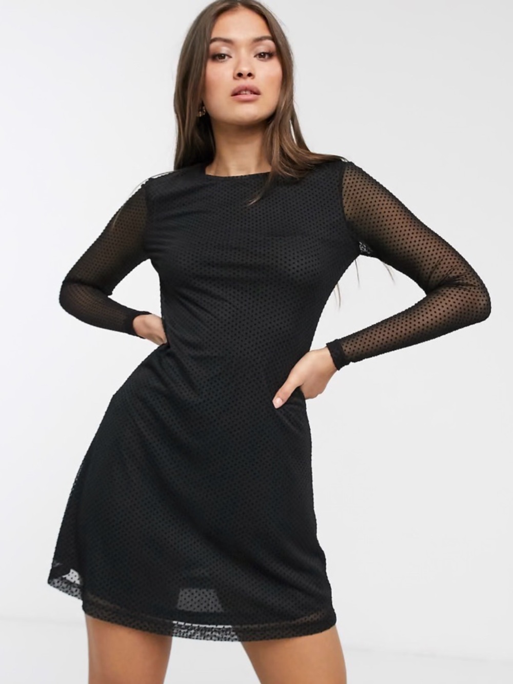 stradivarius Black Long-Sleeve Mesh Dot Dress